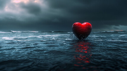 Fototapeta premium 3D red heart shape floating on water, romantic symbol for Valentine's Day celebration