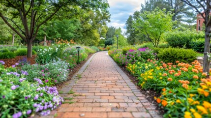 Naklejka premium Brick Path Through a Colorful Garden.