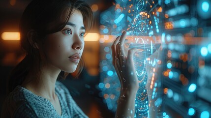 Young woman interacting with futuristic holographic interface in a dimly lit setting, showcasing advanced technology and innovation.