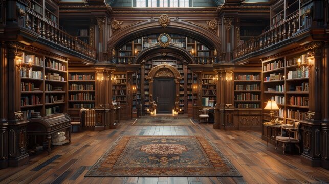 A grand, vintage library room filled with wooden bookshelves, antique furniture, and warm lighting, evoking a sense of history and knowledge.