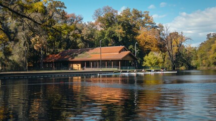 Obraz premium Rowing Team on a Calm River with Autumn Trees.