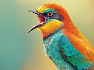 Obraz premium Medium shot of Colorful photo of bird with wide opened mouth, themed background, 