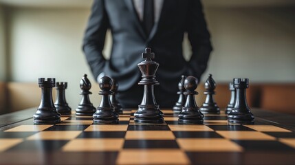 Close-up of a businessman standing on a chessboard, showcasing strategic thinking and leadership. The image focuses on the businessman thoughtful stance and the arrangement of chess pieces,