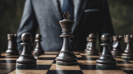 Close-up of a businessman standing on a chessboard, showcasing strategic thinking and leadership. The image focuses on the businessman thoughtful stance and the arrangement of chess pieces,