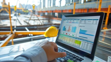 Generate a photo realistic image of a construction project displaying a budget monitoring dashboard with real-time cost tracking and financial analysis; ensure the image is of high resolution 