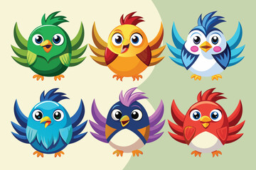 Six Colorful Cartoon Birds with Big Eyes and Beaks