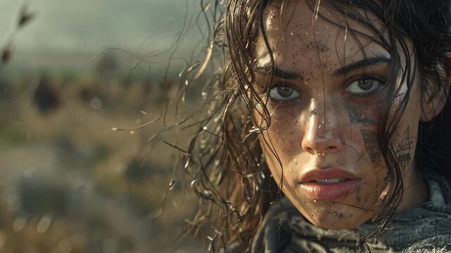 Fierce warrior woman ready for battle with intense stare