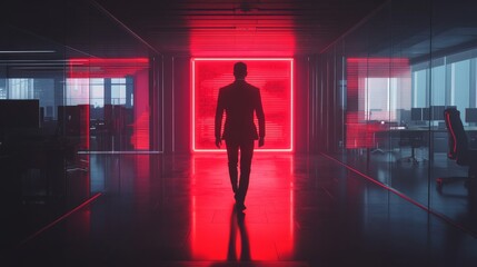 Fototapeta premium Solitary Walk in Dark Office with Neon Success Light