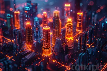 Futuristic cityscape with glowing neon lights and high-tech buildings, showcasing a vibrant and technologically advanced urban environment.
