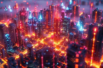 Fototapeta premium Futuristic cyberpunk cityscape filled with glowing neon lights and towering skyscrapers in a foggy, atmospheric setting.