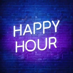  happy hour neon banner on brick wall background.