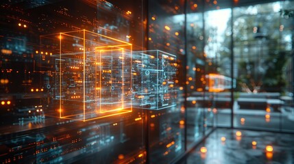 Futuristic digital data interface with glowing holographic displays and high-tech environment, representing modern technology and innovation.