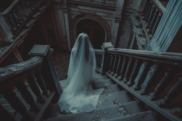 ghost of a bride on a mansion staircase, horror vibes for Halloween
