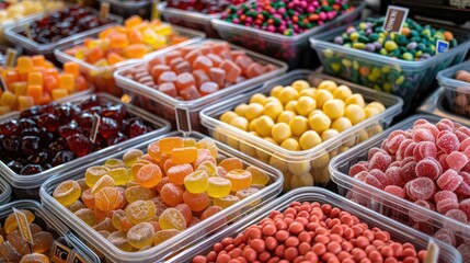 A colorful display of various candies in plastic containers. This photo can be used for websites, blogs, and social media posts about sweets, treats, and confectionery.