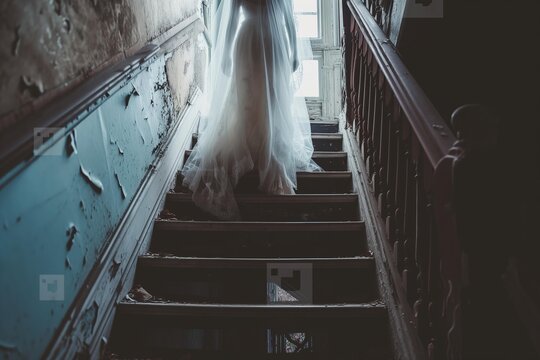 ghost of a bride on a mansion staircase, horror vibes for Halloween