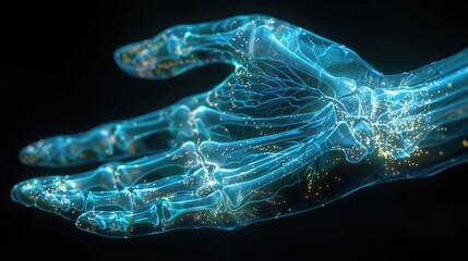 Futuristic glowing hand with blue digital circuitry, representing technology, innovation, and cybernetics in a high-tech design.