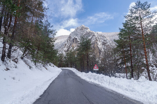 Snowy mountain road in Ligurian Alps, Italy