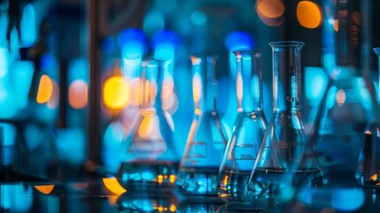 Beaker with blue liquid in a laboratory.