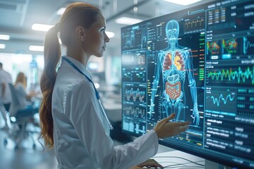 Medical professional analyzing digital imaging of human anatomy on a high-tech monitor in a modern healthcare facility.