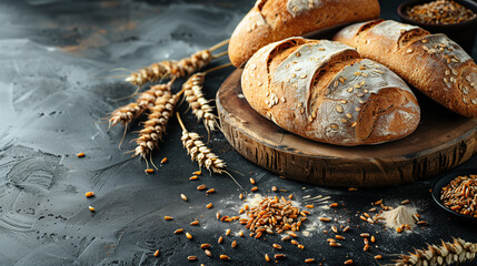 Bread loaves and wheat on a stone background. 