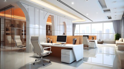Fototapeta premium Bright office area with contemporary design and ergonomic furniture.