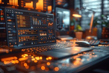 Modern desktop setup with multiple glowing screens showing data analytics and financial charts in a high-tech office setting.