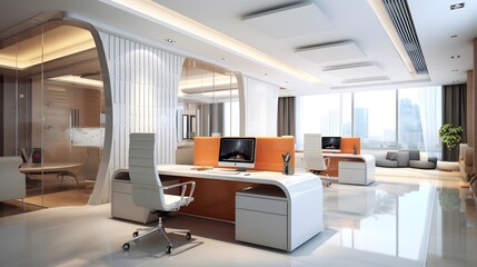 Elegant office space with high ceilings and luxurious decor.