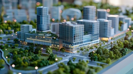 Fototapeta premium Generate a photo realistic image of a maquette depicting a corporate complex with office towers, corporate headquarters, and business facilities; ensure the image is of high resolution 