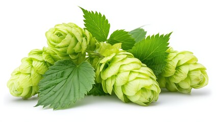 green hop cones and leaves isolated on white background