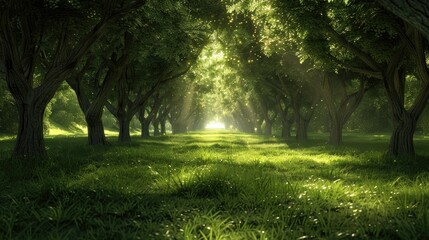 Obraz premium Sunbeams illuminate a path through trees. Perfect for creating a serene and magical atmosphere.