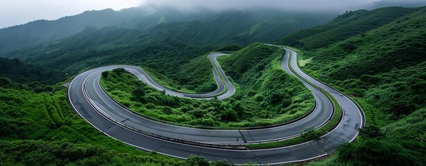 Realistic images with full HD resolution Close-up of a winding mountain highway with lush green scenery, early morning light, more clarity with clear light and sharp focus, high detailed