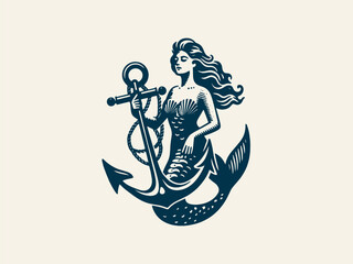 Beautiful mermaid at anchor.  Engraving vintage vector illustration, monochrome black color. Woodcut