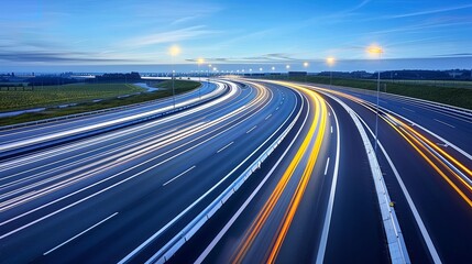 Realistic images with full HD resolution City highway at dusk with light trails from cars, twilight ambiance, more clarity with clear light and sharp focus, high detailed