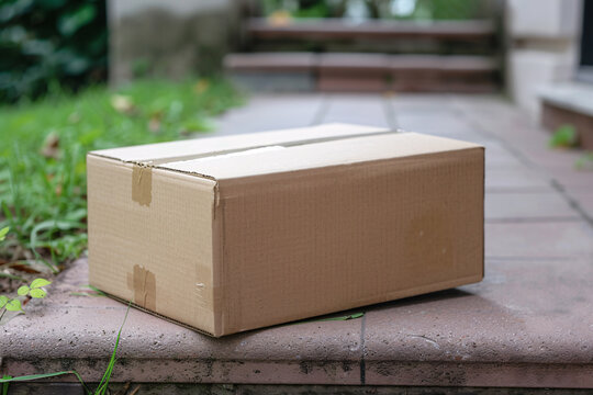 delivery concept - cardboard box parcel on the doorstep