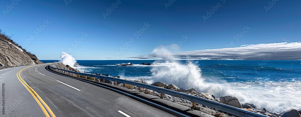 Canvas Prints realistic images with full hd resolution semi close-up of a coastal highway with waves crashing agai