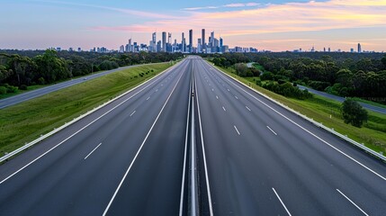 Fototapeta premium Realistic images with full HD resolution City highway with a skyline view at dawn, soft pink and orange hues, more clarity with clear light and sharp focus, high detailed