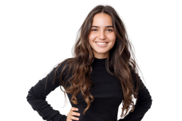Young woman with long hair smiling confidently, hands on hips, isolated on white background
