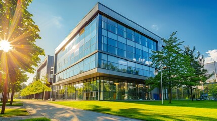 Modern Office Building with Green Landscaping.