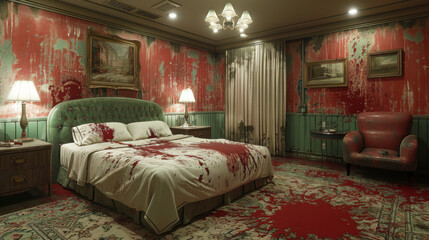 a 90s hotel bedroom, with some red stains and splashes, photorealistic