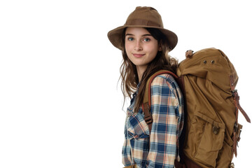 Young woman with backpack, ready for adventure, isolated on white background