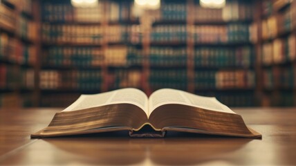 Obraz premium An open book on a wooden table with a blurred library background, evoking a sense of knowledge and exploration.