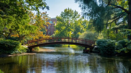 Wooden Bridge Over Pond in Park.