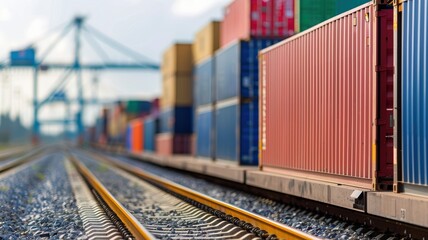 Obraz premium Colorful shipping containers lined along railroad tracks in a transport hub, highlighting freight and logistics operations.