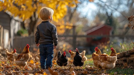 Boy feeding backyard chickens, with vibrant autumn leaves and a clear blue sky