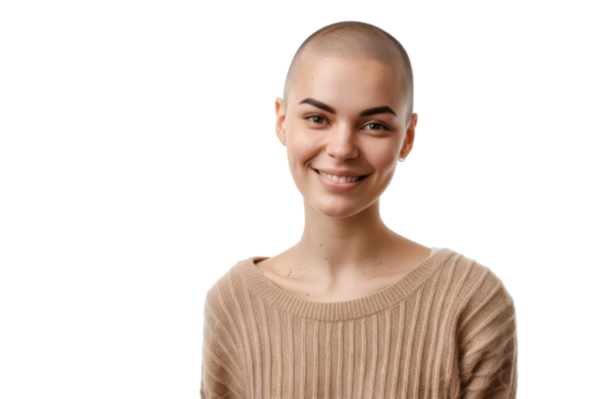 Young hairless woman in winter clothing, cozy and warm expression. Isolated on white background - Powered by Adobe