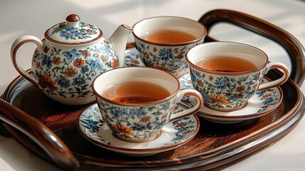 Fototapeta premium Elegant tea set with floral designs, featuring a teapot and three cups on a wooden tray, perfect for relaxing afternoon tea sessions.