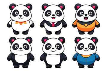 Six Cartoon Pandas Dressed in Different Outfits
