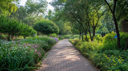 Fototapeta premium Pathway through a lush green park with colorful flowers.