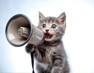 Fototapeta premium Cute gray cat with a megaphone between his paws. Copy space for advertising.