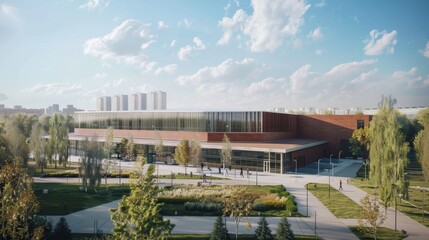 Fototapeta premium Modern Building With Glass Facade in a Park.